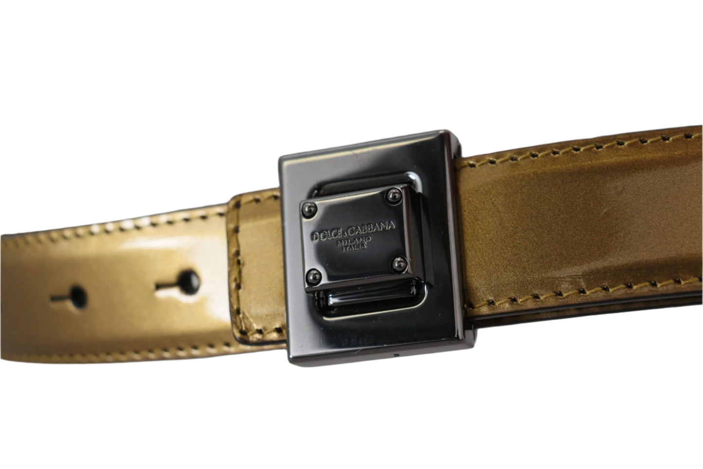 Dolce & Gabbana Gold Leather Silver Square Metal Buckle Belt