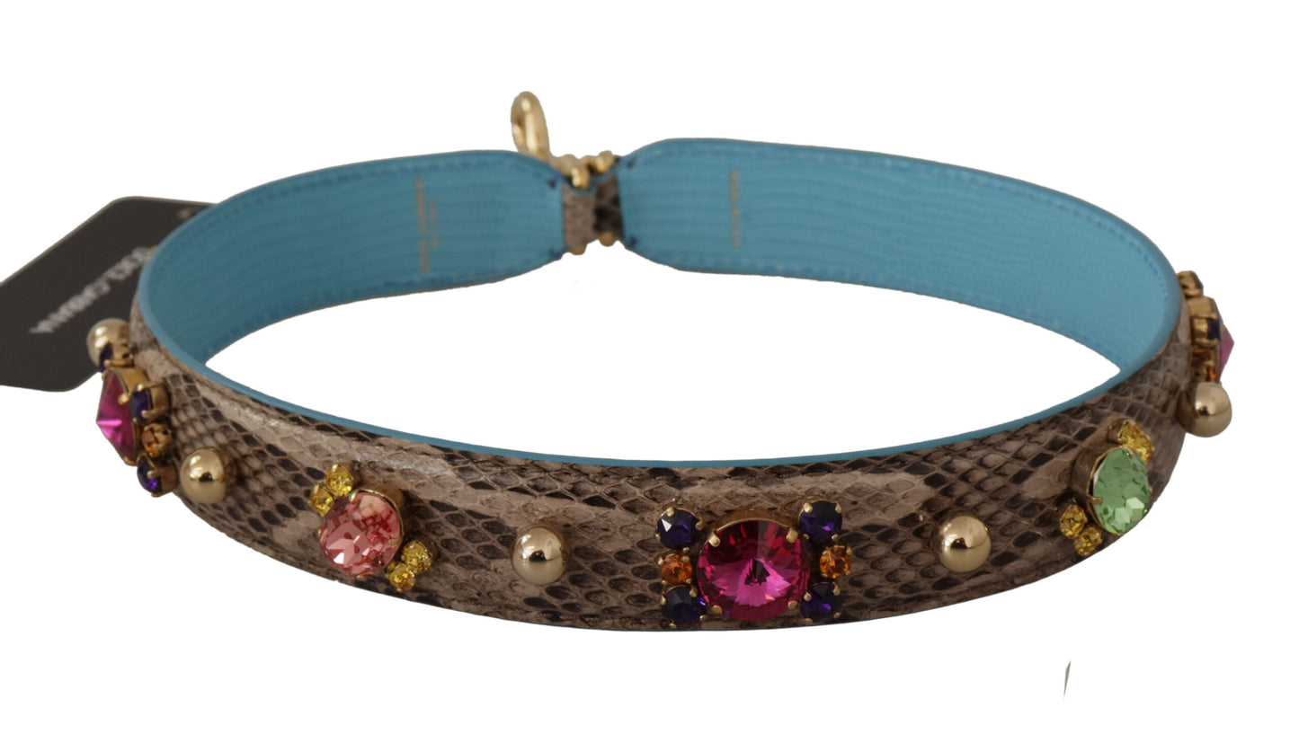 Dolce & Gabbana Brown Exotic Leather Crystals Shoulder Strap