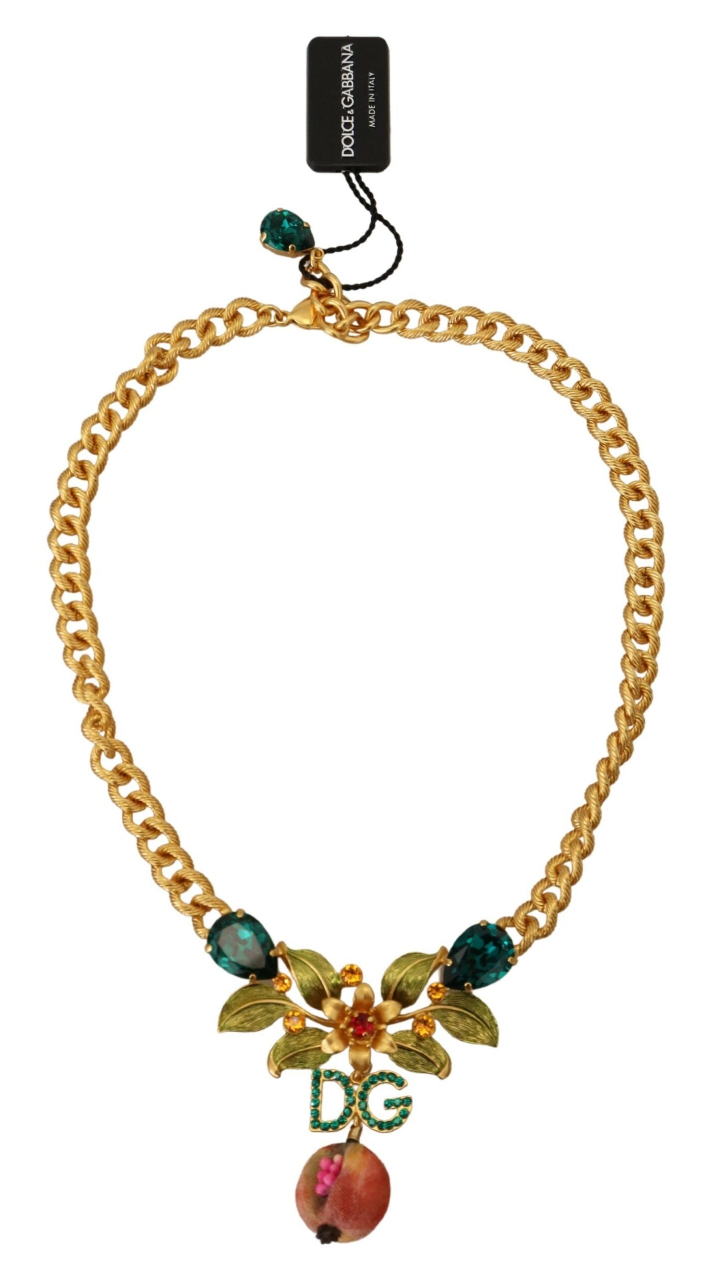 Dolce & Gabbana Gold Brass Crystal Logo Fruit Floral Statement Necklace
