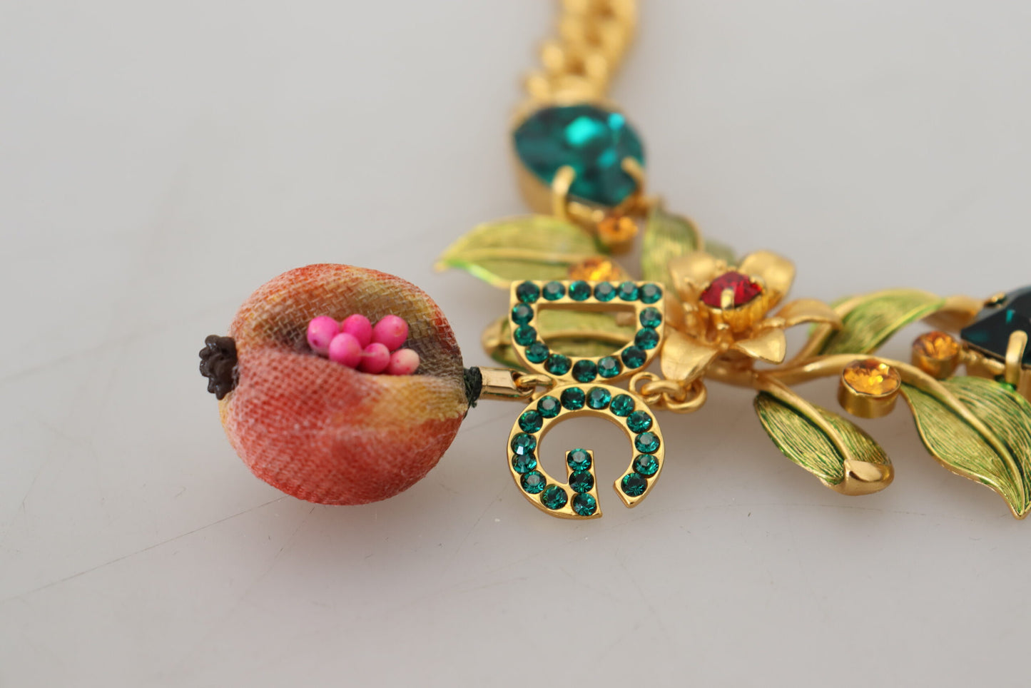 Dolce & Gabbana Gold Brass Crystal Logo Fruit Floral Statement Necklace