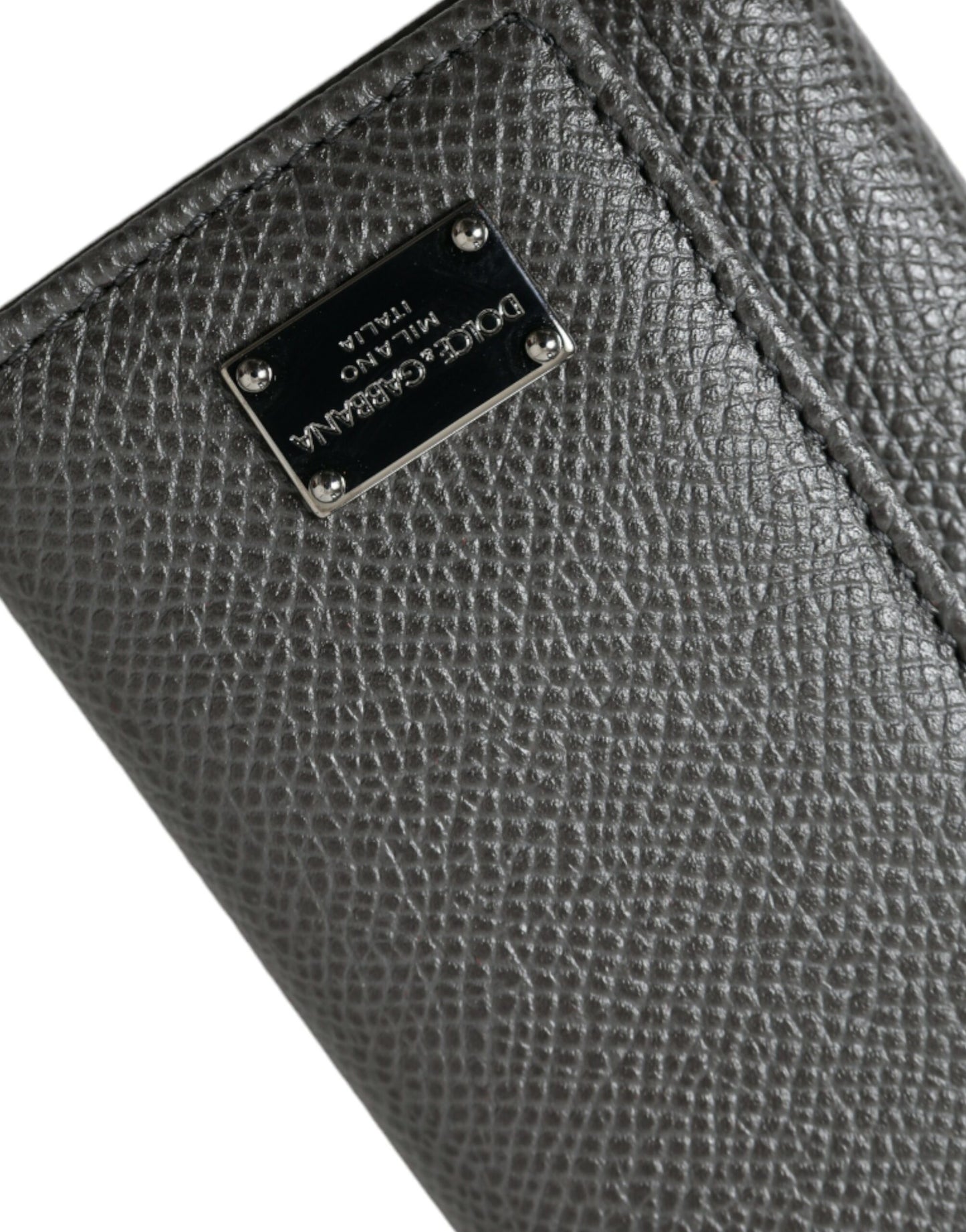 Dolce & Gabbana Gray Leather Silver Metal Logo Plaque Trifold Keyring