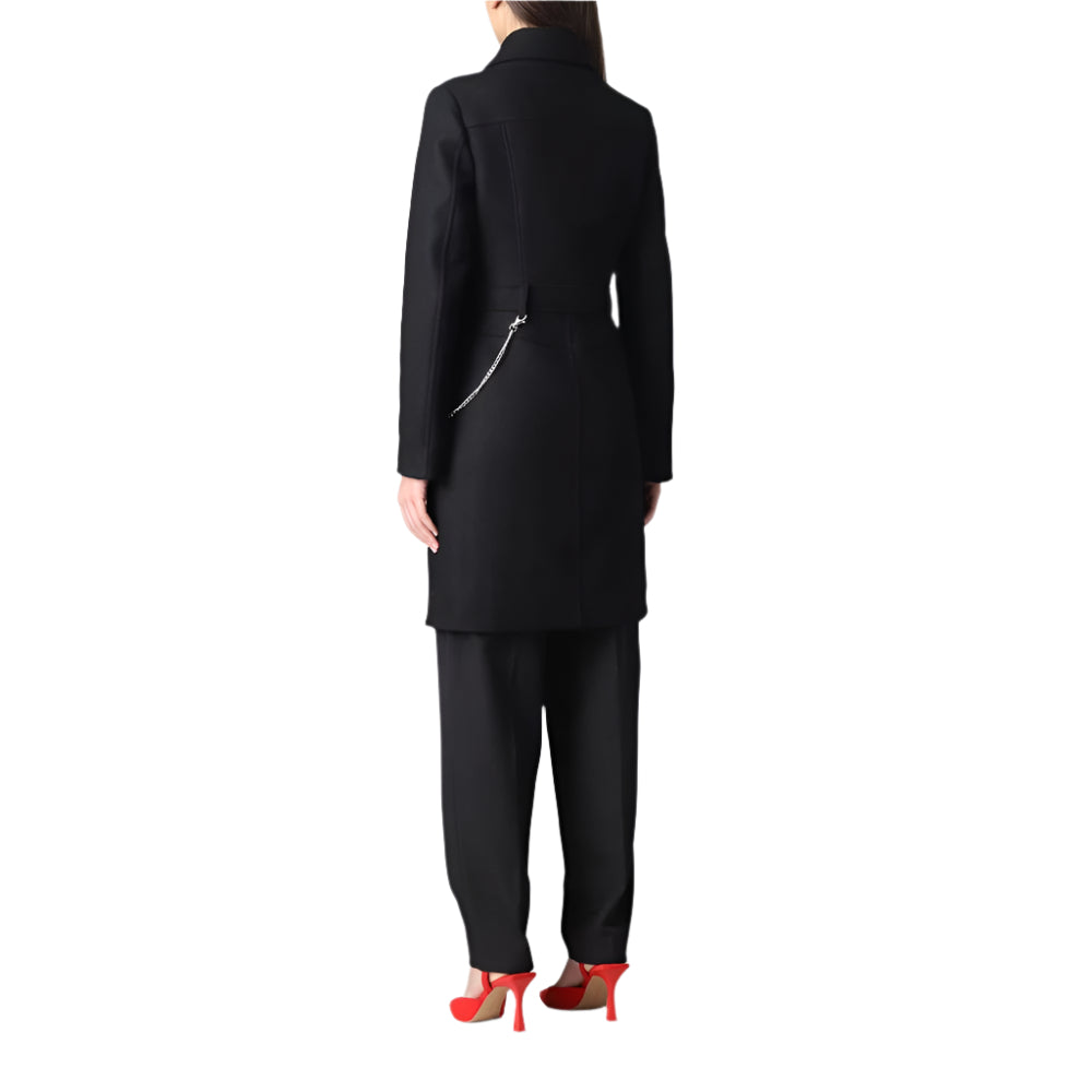 Love Moschino Elegant Black Wool Coat with Silver Chain Detail