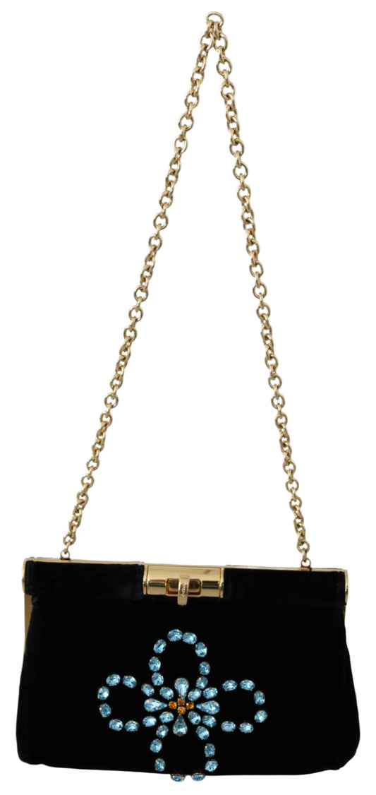 Dolce & Gabbana Black Velvet Crystal Studs Women Crossbody Sling Borse Bag