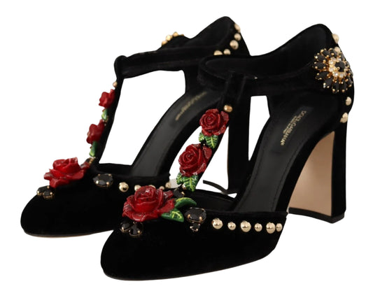 Dolce & Gabbana Black Mary Jane Pumps Roses Crystals Shoes