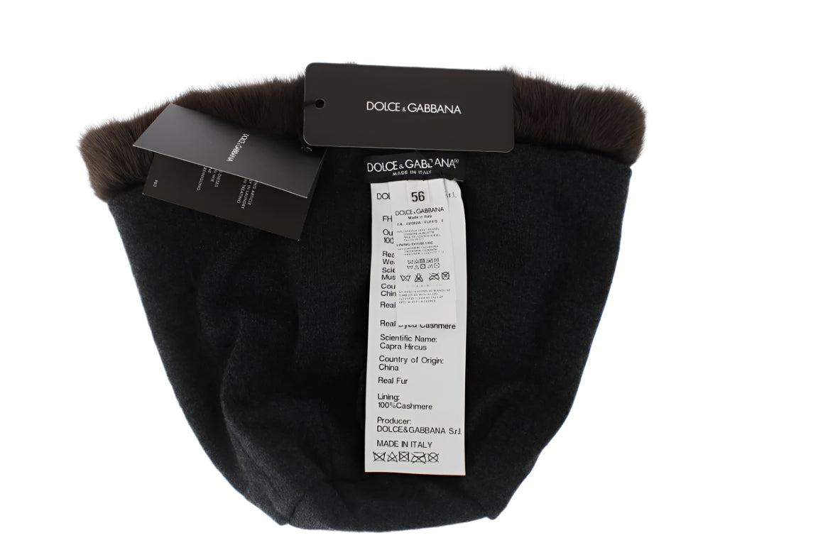Dolce & Gabbana Brown Weasel Fur Womens Cashmere Hat Beanie