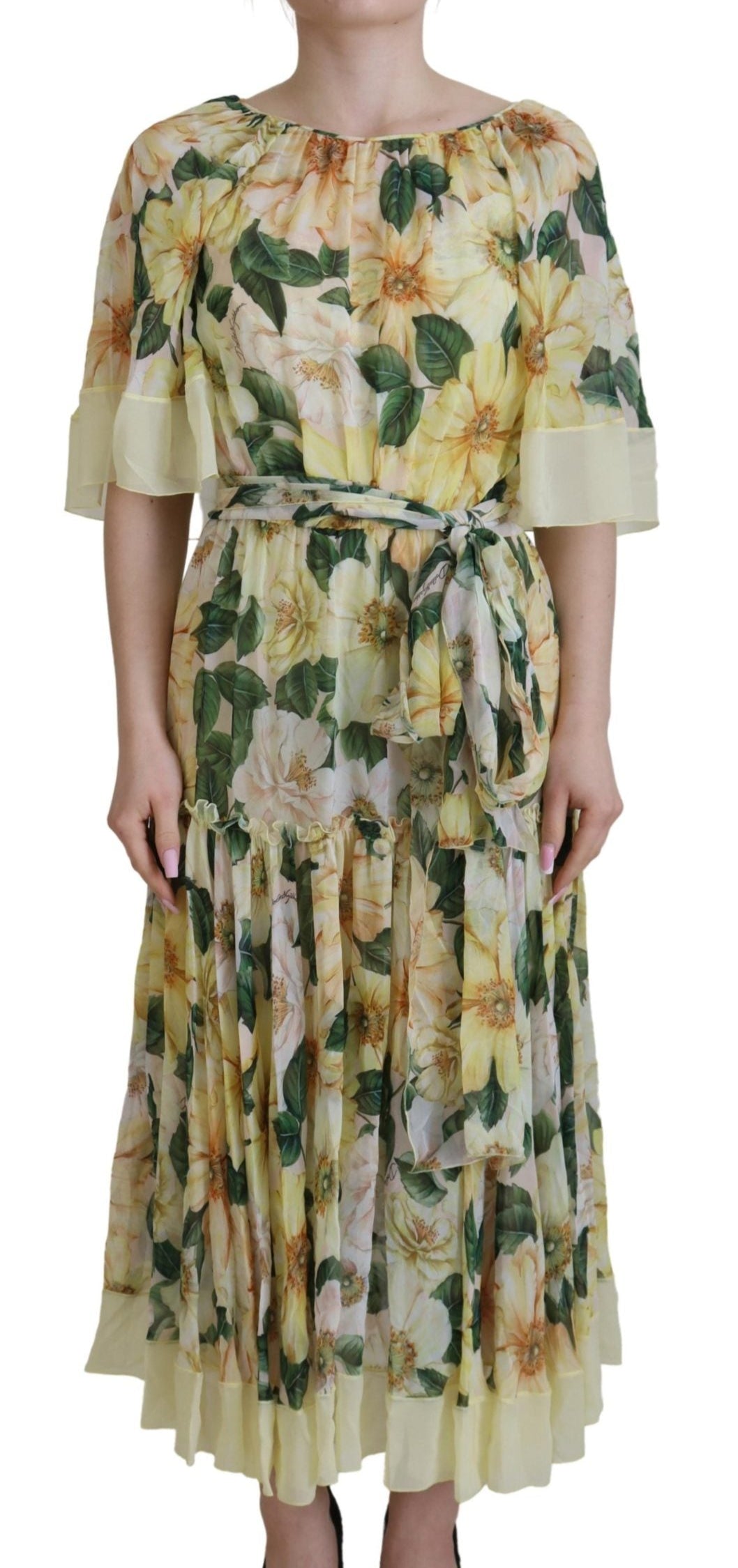 Dolce & Gabbana Yellow Floral Print Pleated Maxi Silk Dress