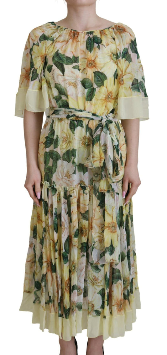 Dolce & Gabbana Yellow Floral Print Pleated Maxi Silk Dress