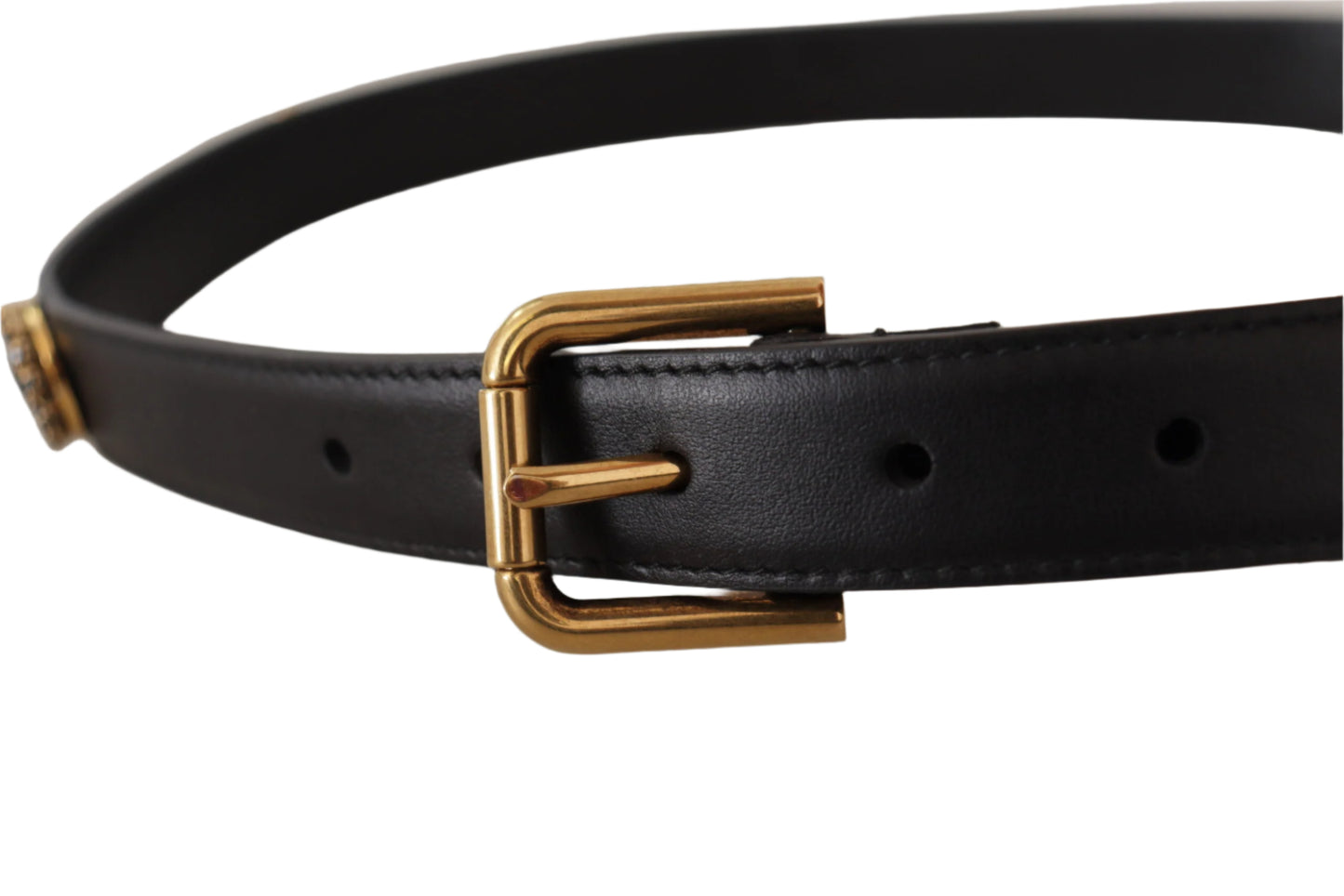 Dolce & Gabbana Black Leather Embellished Crystal Logo Belt